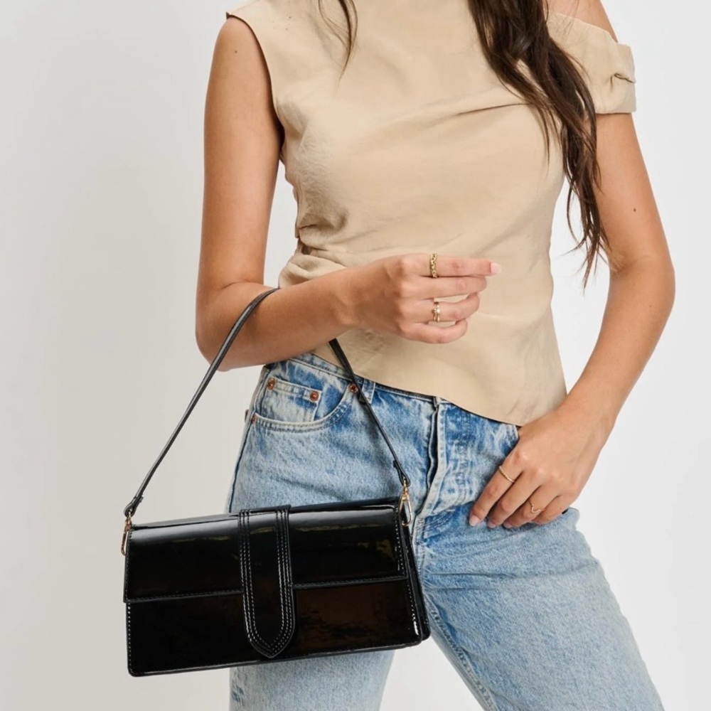 Moda Luxe Black Vegan Patent Crossbody Shoulder Bag Magnetic Snap Closure